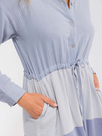 WOMEN'S LONG SLEEVE BUTTON UP FRONT POCKET COLORBLOCK MIDI DRESS