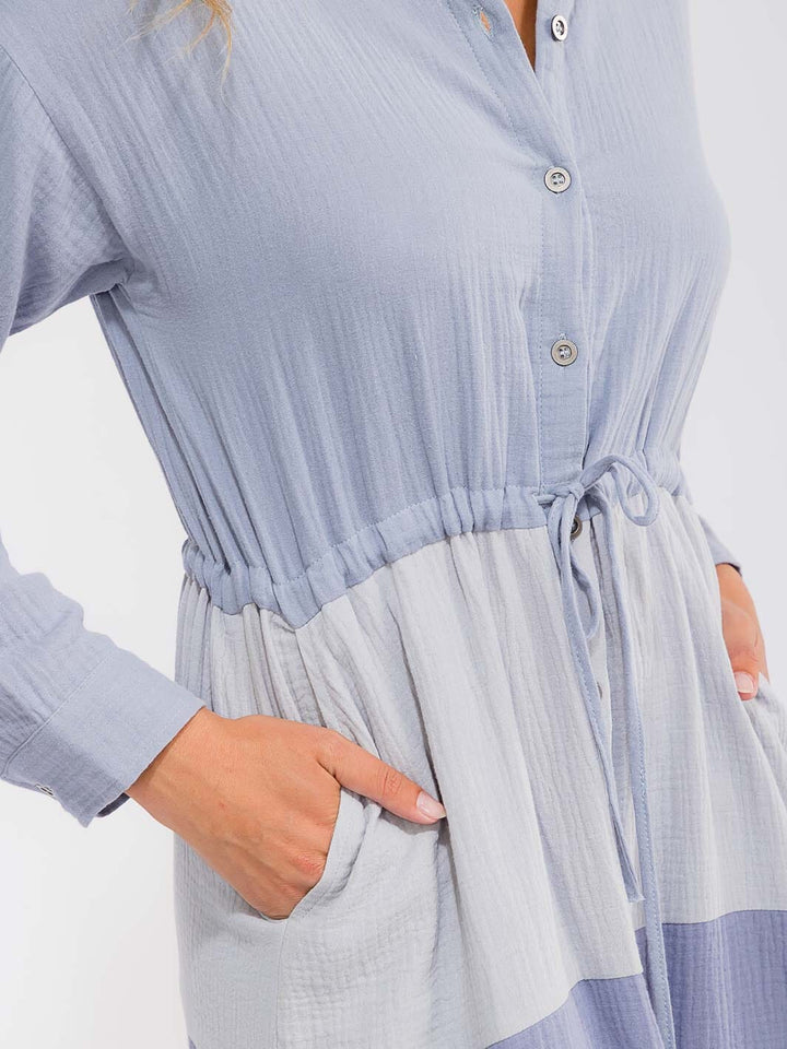 WOMEN'S LONG SLEEVE BUTTON UP FRONT POCKET COLORBLOCK MIDI DRESS