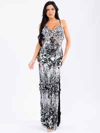 WOMEN'S SLEEVELESS V-NECK OPEN BACK SIDE SLIT SEQUINS BODYCON MAXI DRESS
