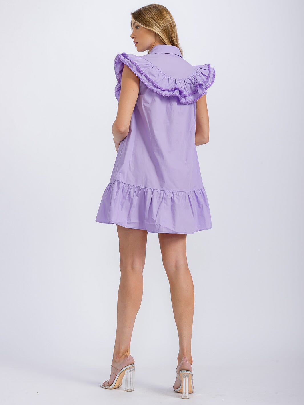 WOMEN'S RUFFLE SLEEVE BUTTON UP TRIM DETAILED FRONT POCKETS MINI DRESS