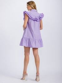WOMEN'S RUFFLE SLEEVE BUTTON UP TRIM DETAILED FRONT POCKETS MINI DRESS