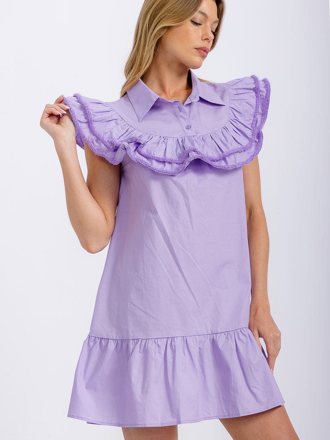 WOMEN'S RUFFLE SLEEVE BUTTON UP TRIM DETAILED FRONT POCKETS MINI DRESS