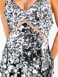 WOMEN'S SLEEVELESS V-NECK OPEN BACK SIDE SLIT SEQUINS BODYCON MAXI DRESS