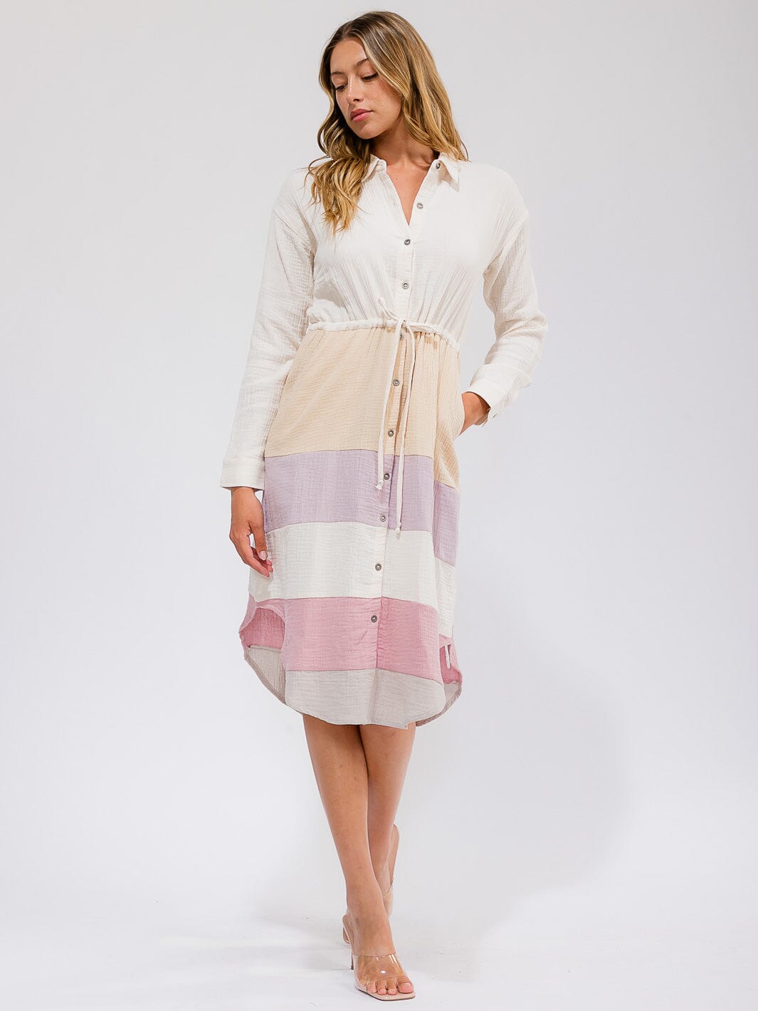 WOMEN'S LONG SLEEVE BUTTON UP FRONT POCKET COLORBLOCK MIDI DRESS