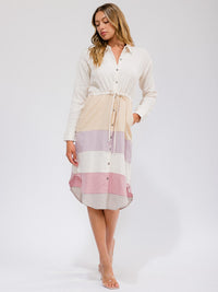 WOMEN'S LONG SLEEVE BUTTON UP FRONT POCKET COLORBLOCK MIDI DRESS