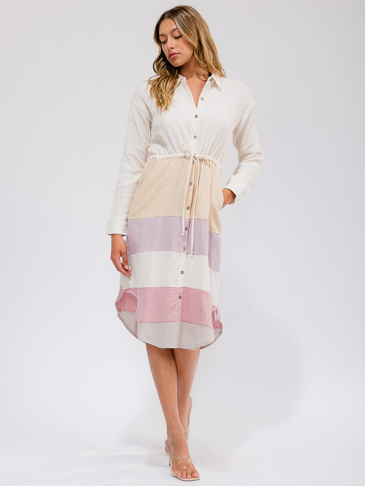 WOMEN'S LONG SLEEVE BUTTON UP FRONT POCKET COLORBLOCK MIDI DRESS