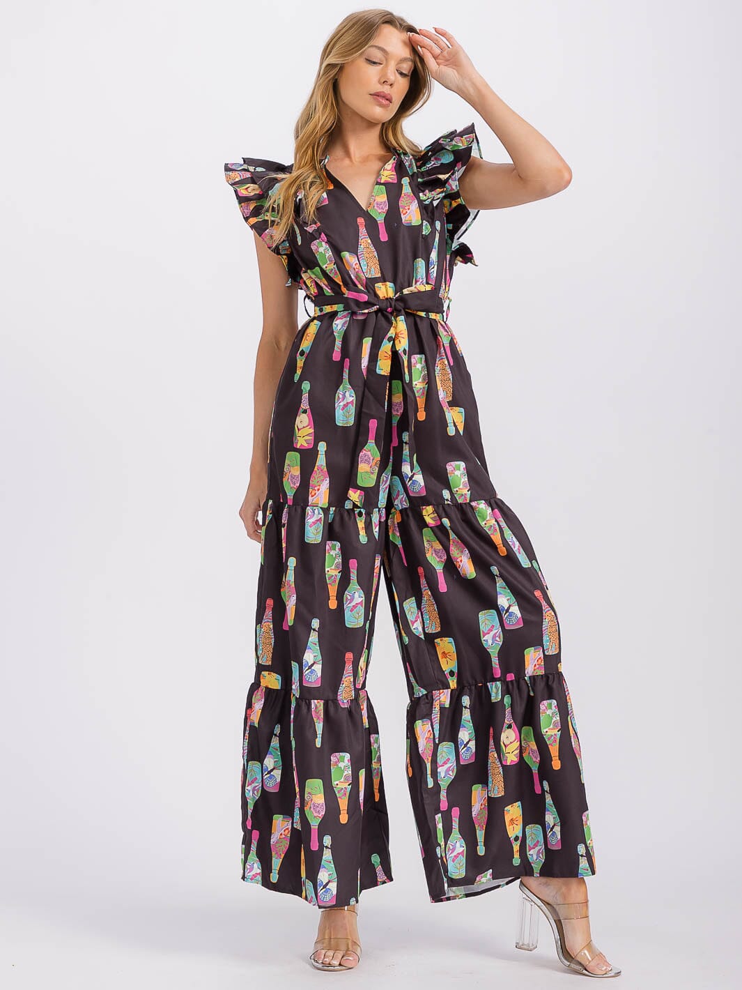 WOMEN'S RUFFLE SLEEVE V-NECK SELF TIE FRONT POCKETS WIDE LEG MULTI PRINT JUMPSUIT