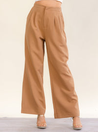 WOMEN'S BUTTON CLOSURE ELASTIC WAIST FRONT POCKETS WIDE LEG PANTS