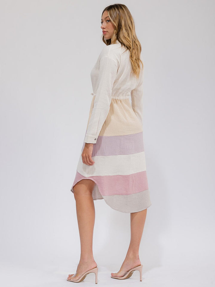 WOMEN'S LONG SLEEVE BUTTON UP FRONT POCKET COLORBLOCK MIDI DRESS