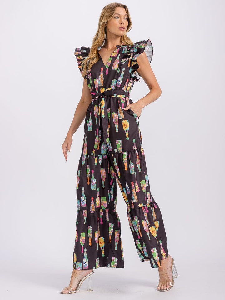 WOMEN'S RUFFLE SLEEVE V-NECK SELF TIE FRONT POCKETS WIDE LEG MULTI PRINT JUMPSUIT