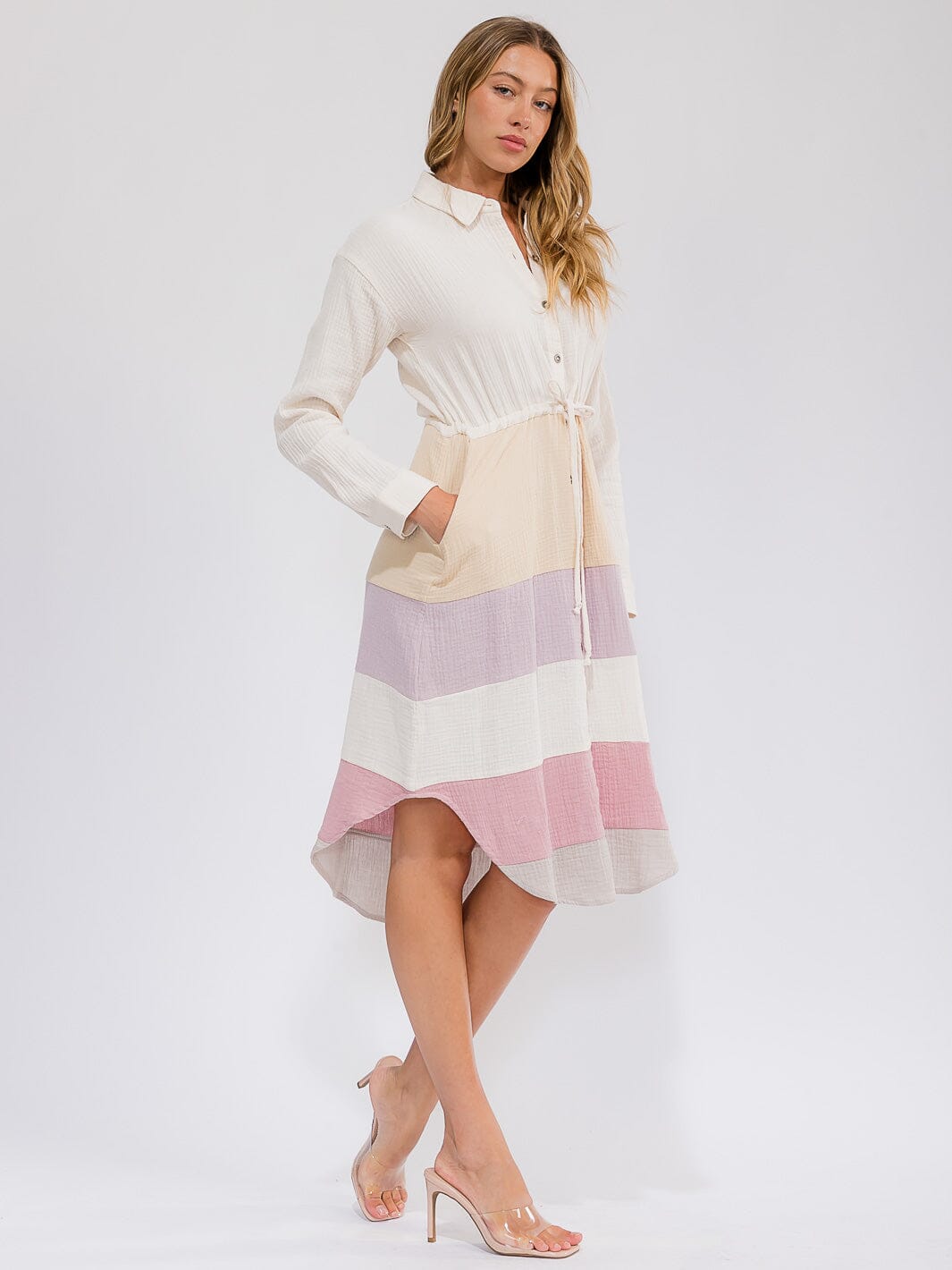 WOMEN'S LONG SLEEVE BUTTON UP FRONT POCKET COLORBLOCK MIDI DRESS