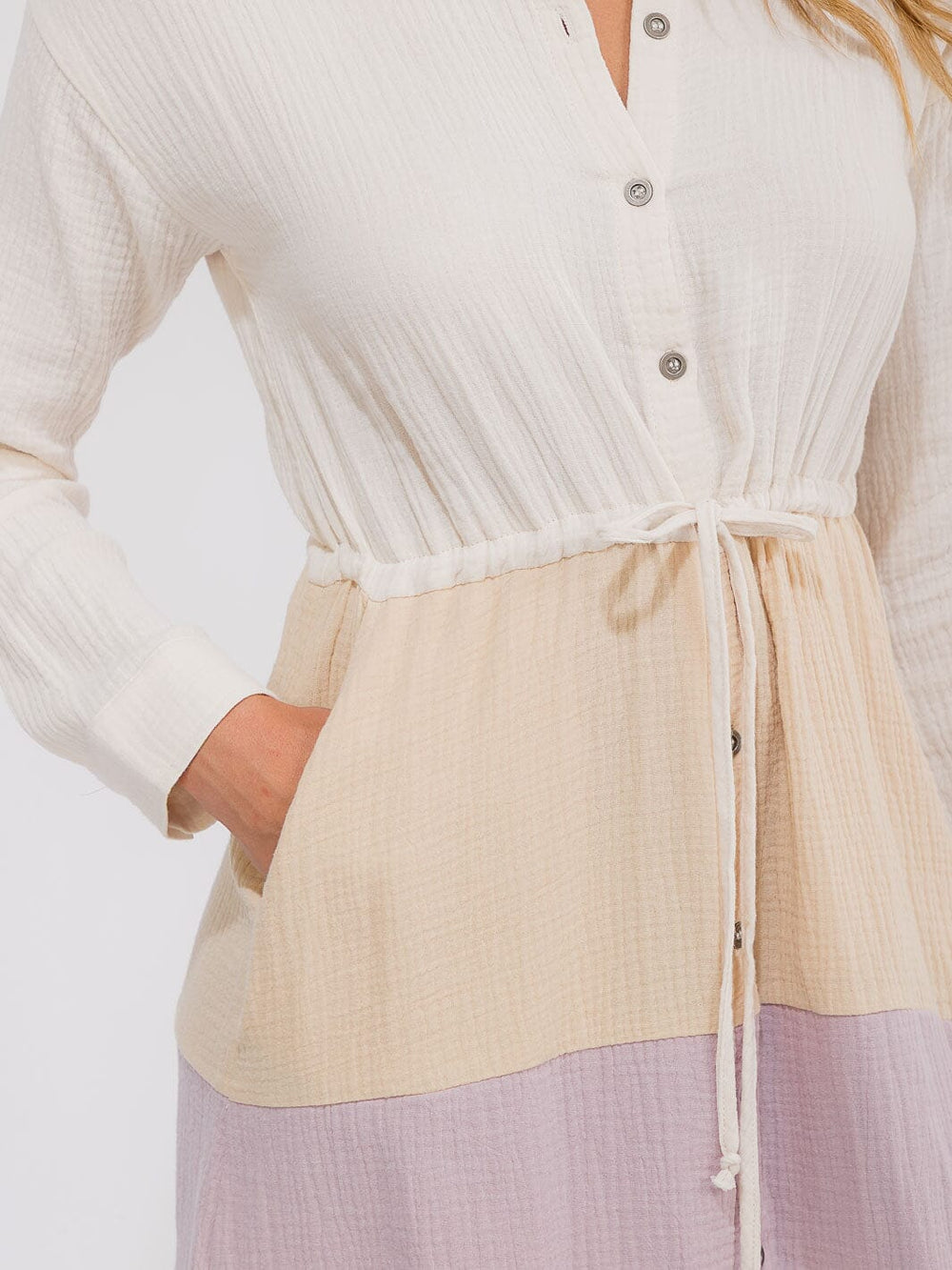 WOMEN'S LONG SLEEVE BUTTON UP FRONT POCKET COLORBLOCK MIDI DRESS