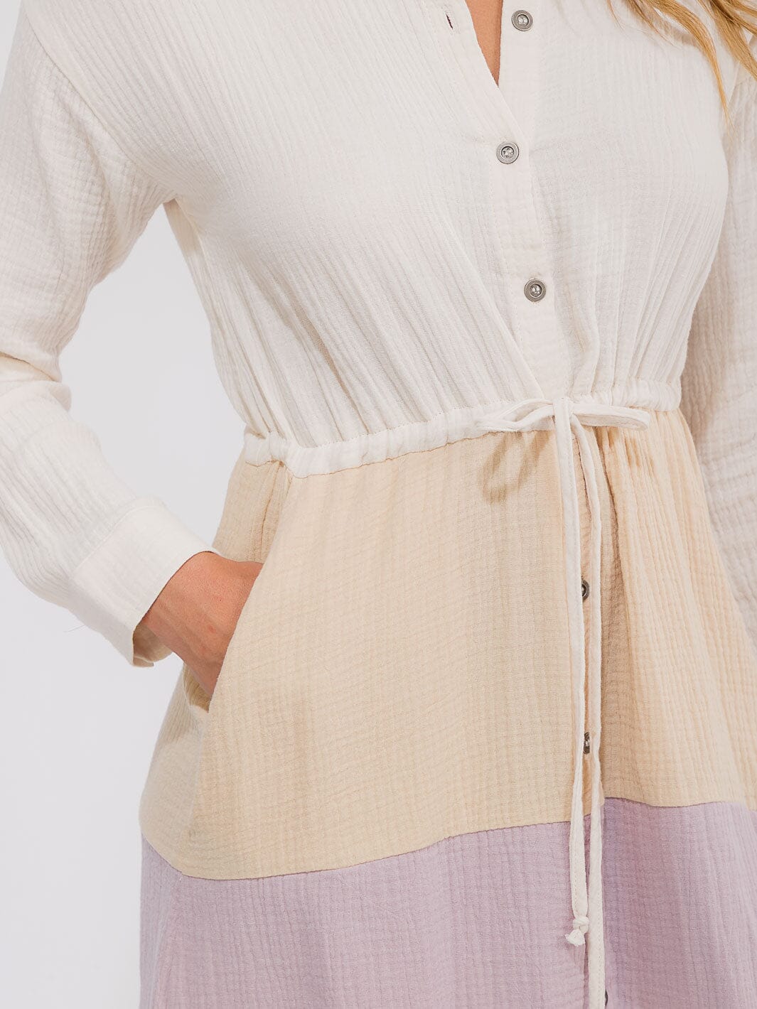 WOMEN'S LONG SLEEVE BUTTON UP FRONT POCKET COLORBLOCK MIDI DRESS