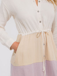 WOMEN'S LONG SLEEVE BUTTON UP FRONT POCKET COLORBLOCK MIDI DRESS