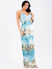 WOMEN'S SLEEVELESS V-NECK OPEN BACK SIDE SLIT SEQUINS BODYCON MAXI DRESS