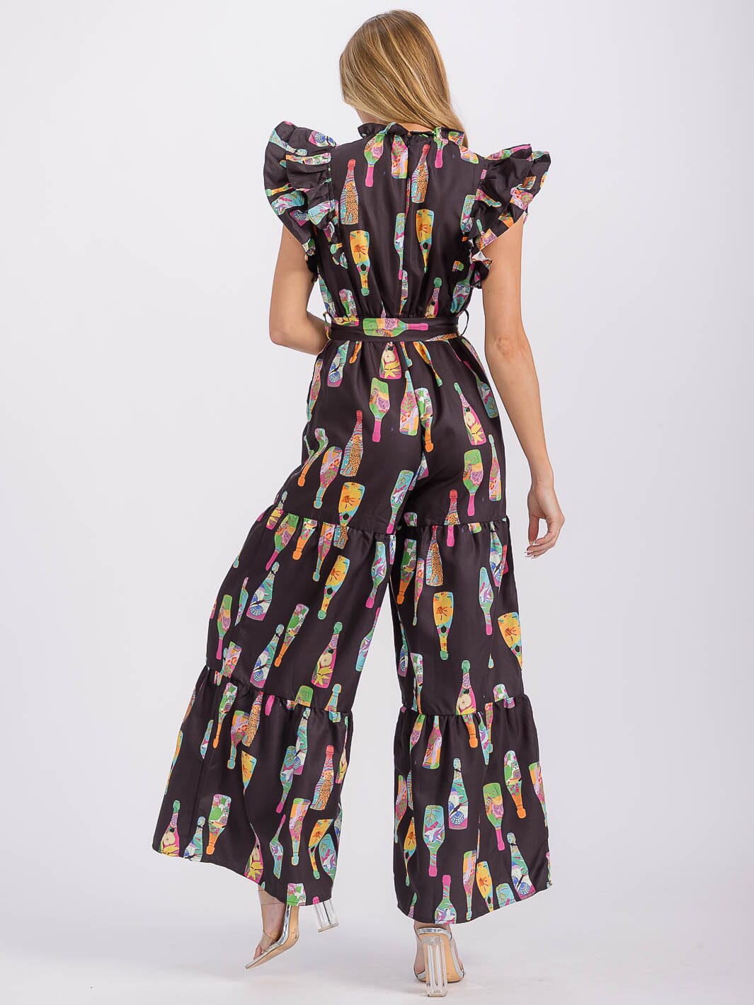 WOMEN'S RUFFLE SLEEVE V-NECK SELF TIE FRONT POCKETS WIDE LEG MULTI PRINT JUMPSUIT