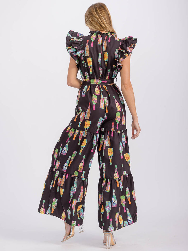 WOMEN'S RUFFLE SLEEVE V-NECK SELF TIE FRONT POCKETS WIDE LEG MULTI PRINT JUMPSUIT