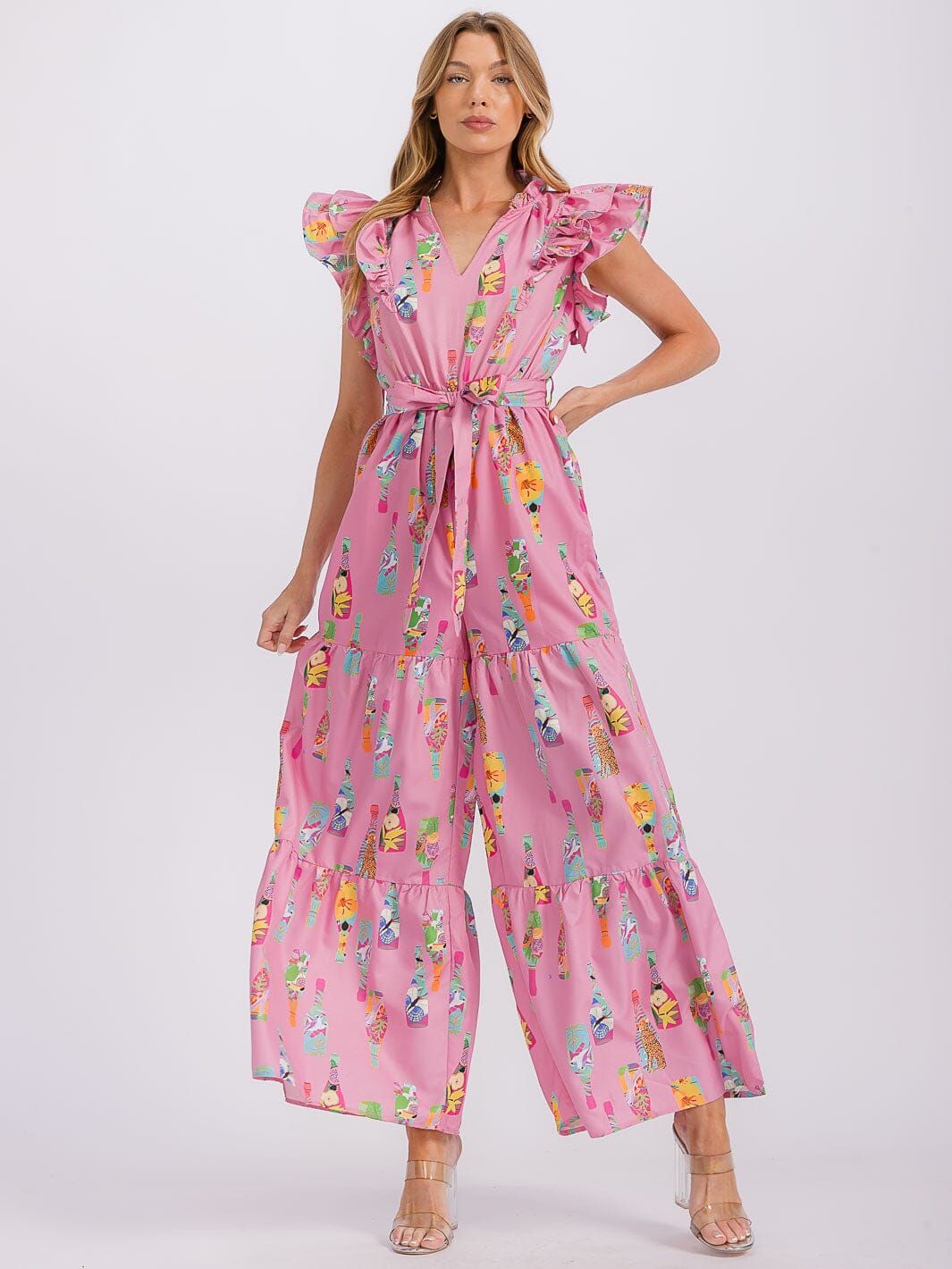 WOMEN'S RUFFLE SLEEVE V-NECK SELF TIE FRONT POCKETS WIDE LEG MULTI PRINT JUMPSUIT