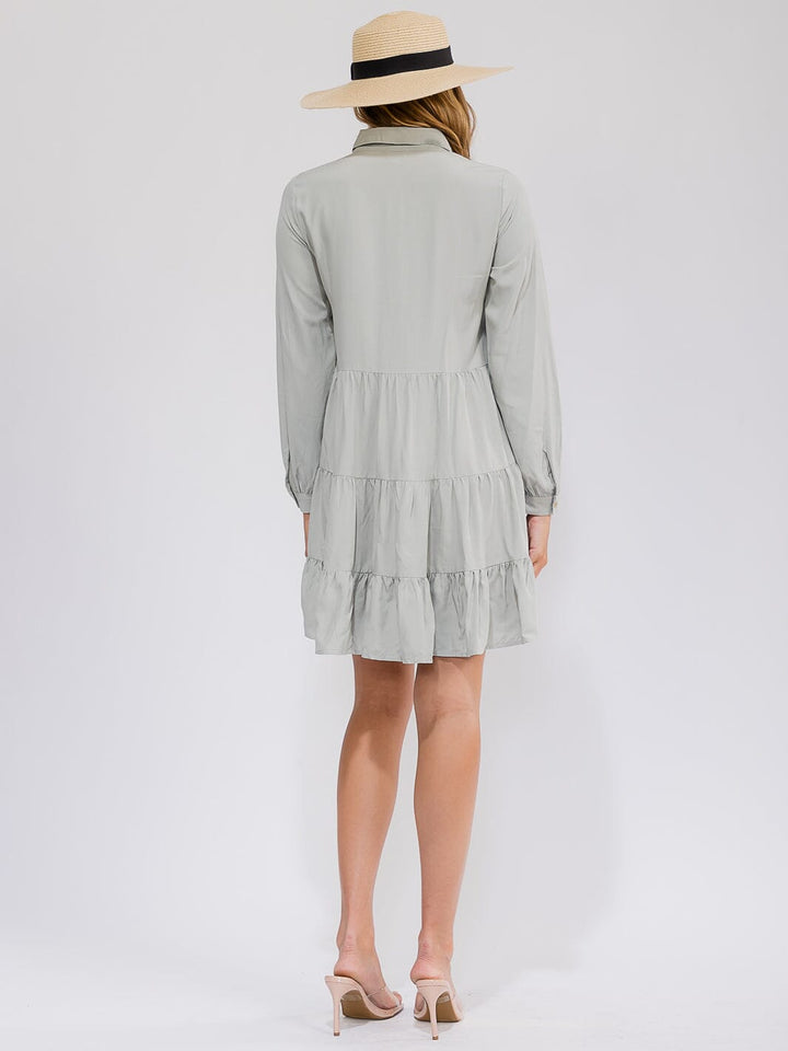 WOMEN'S LONG SLEEVE FRONT POCKET BUTTON UP TIERED LOOSE FIT MINI DRESS