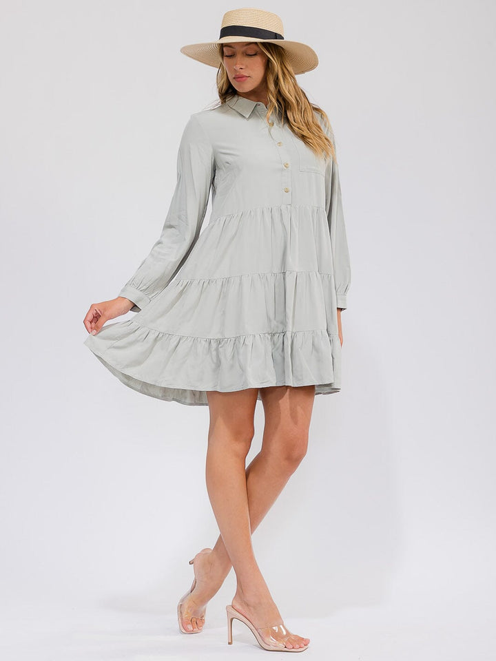 WOMEN'S LONG SLEEVE FRONT POCKET BUTTON UP TIERED LOOSE FIT MINI DRESS
