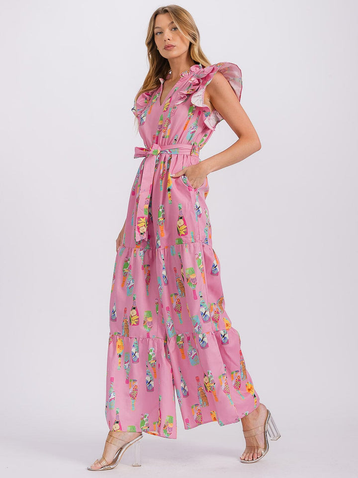 WOMEN'S RUFFLE SLEEVE V-NECK SELF TIE FRONT POCKETS WIDE LEG MULTI PRINT JUMPSUIT