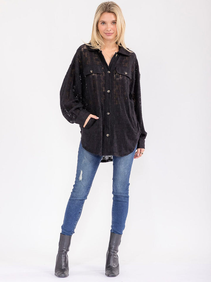 WOMEN'S LONG SLEEVE V-NECK FRONT POCKETS LACE TOP