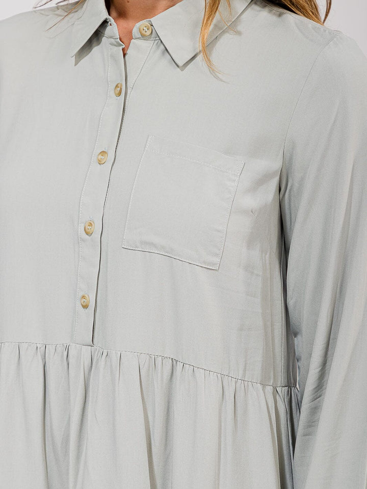 WOMEN'S LONG SLEEVE FRONT POCKET BUTTON UP TIERED LOOSE FIT MINI DRESS