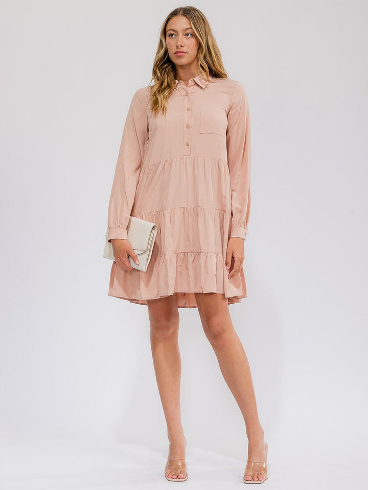 WOMEN'S LONG SLEEVE FRONT POCKET BUTTON UP TIERED LOOSE FIT MINI DRESS