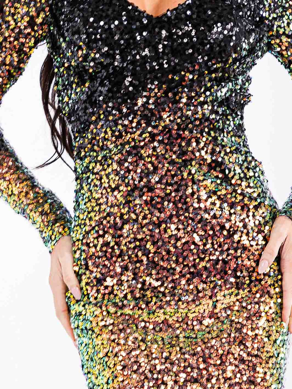 WOMEN'S LONG SLEEVE V-NECK SEQUINS BODYCON MINI DRESS
