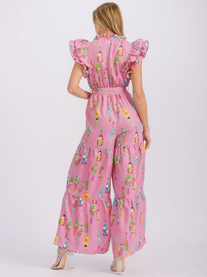 WOMEN'S RUFFLE SLEEVE V-NECK SELF TIE FRONT POCKETS WIDE LEG MULTI PRINT JUMPSUIT