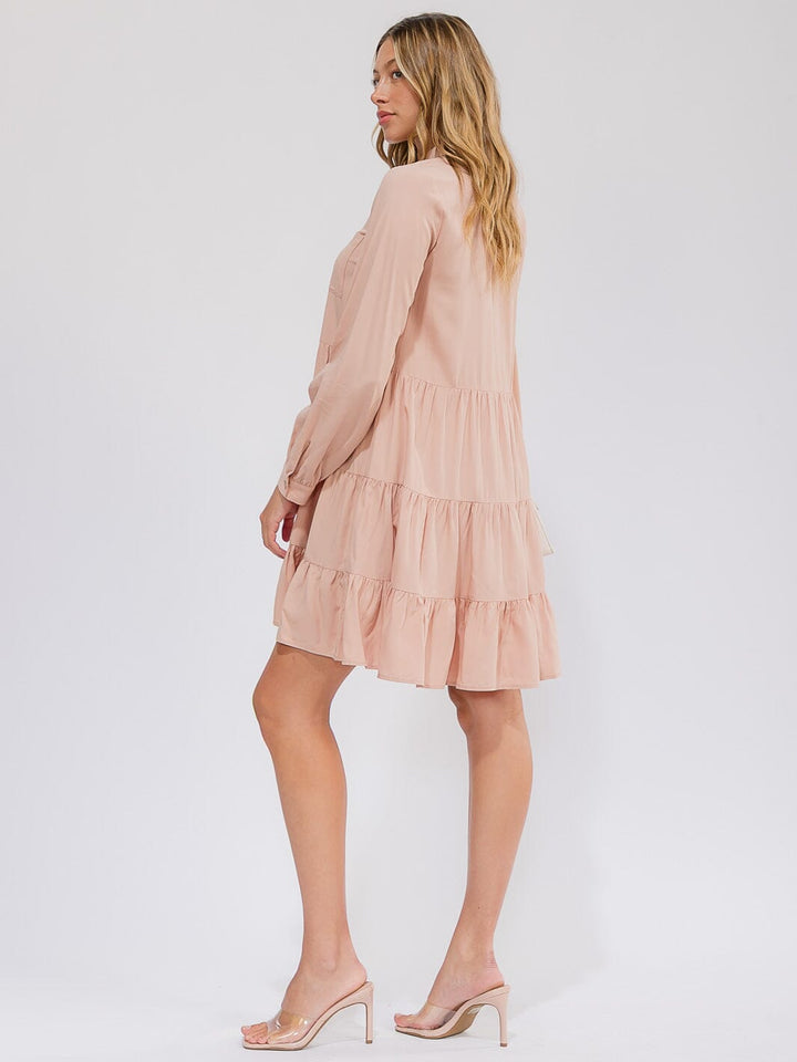 WOMEN'S LONG SLEEVE FRONT POCKET BUTTON UP TIERED LOOSE FIT MINI DRESS