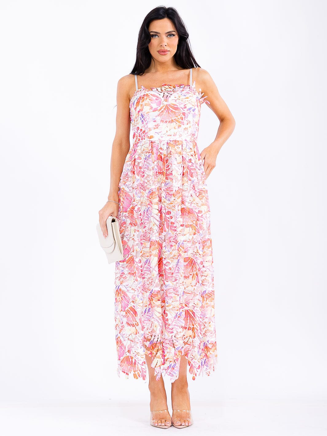 WOMEN'S SLEEVELESS DETAILED FLORAL MAXI DRESS