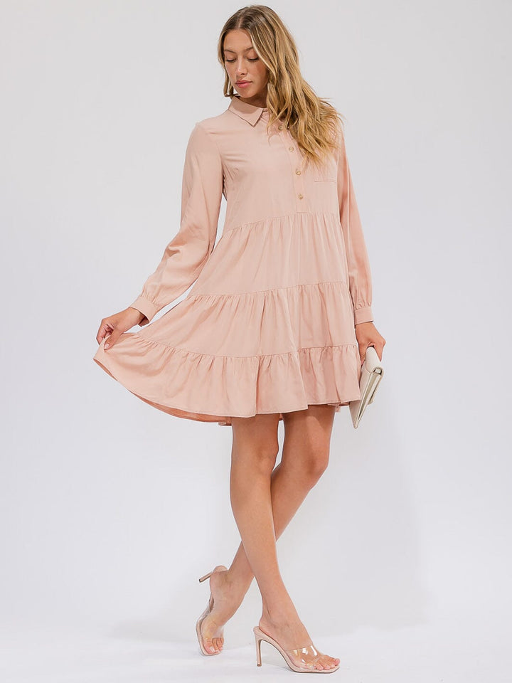 WOMEN'S LONG SLEEVE FRONT POCKET BUTTON UP TIERED LOOSE FIT MINI DRESS