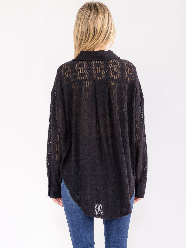 WOMEN'S LONG SLEEVE V-NECK FRONT POCKETS LACE TOP