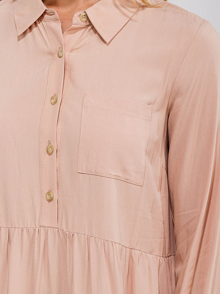 WOMEN'S LONG SLEEVE FRONT POCKET BUTTON UP TIERED LOOSE FIT MINI DRESS