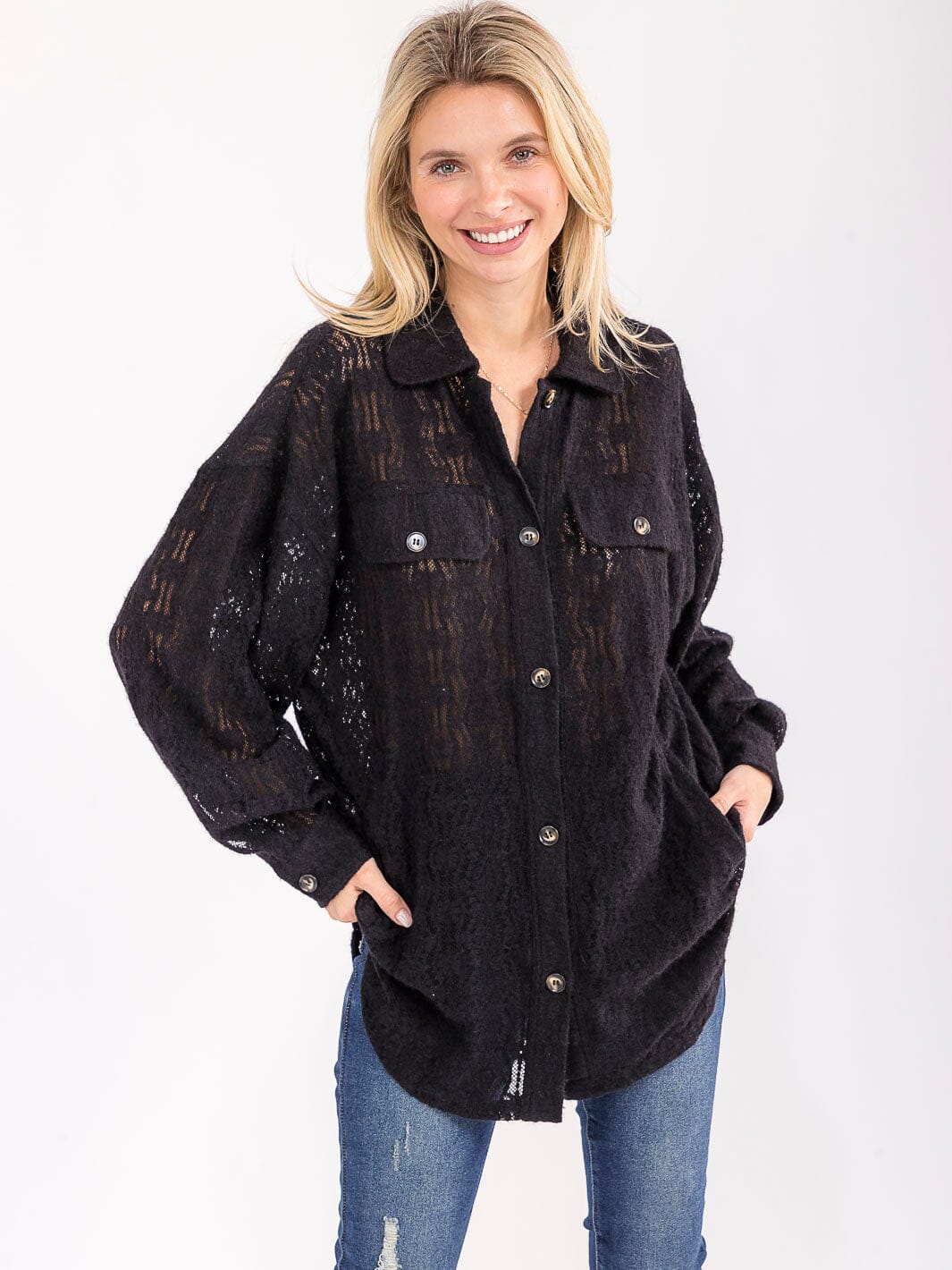 WOMEN'S LONG SLEEVE V-NECK FRONT POCKETS LACE TOP