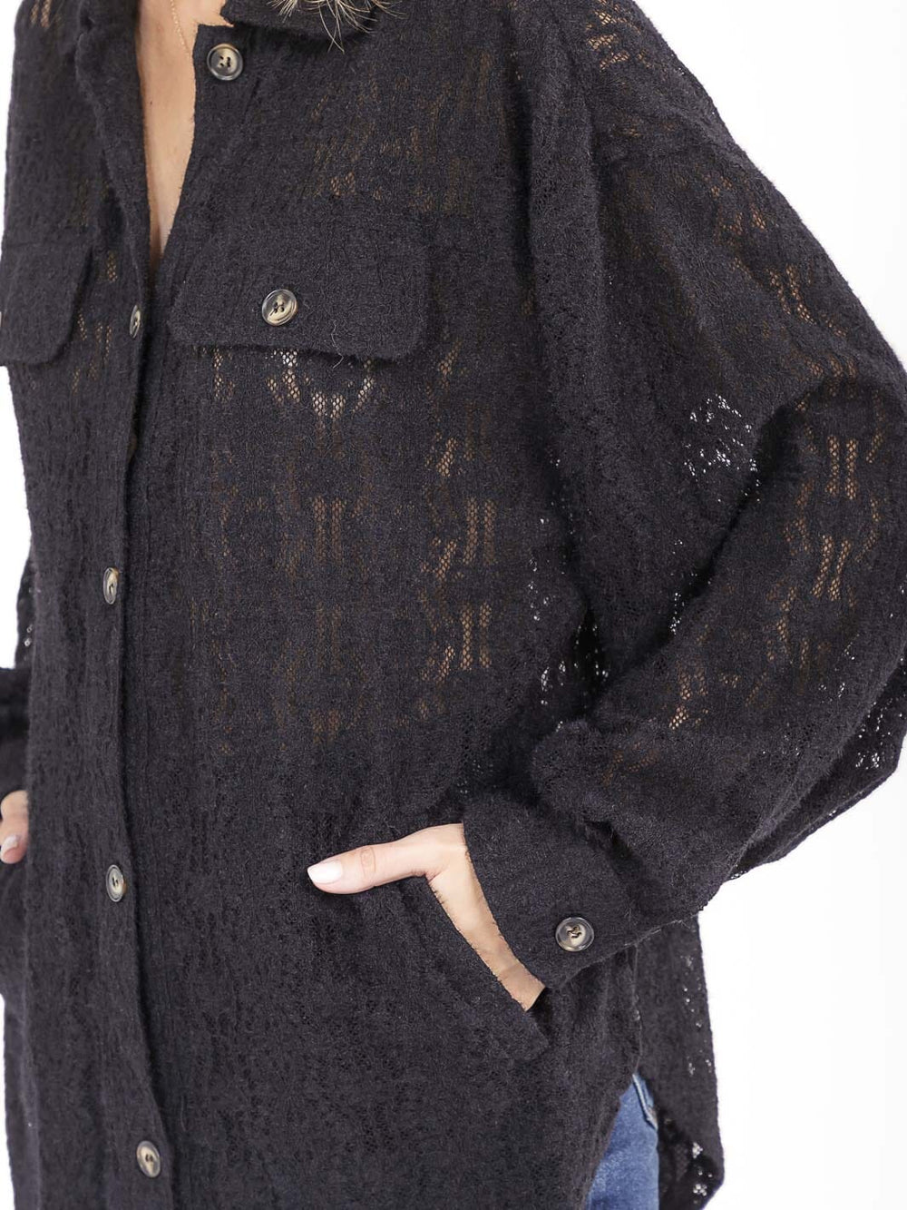 WOMEN'S LONG SLEEVE V-NECK FRONT POCKETS LACE TOP