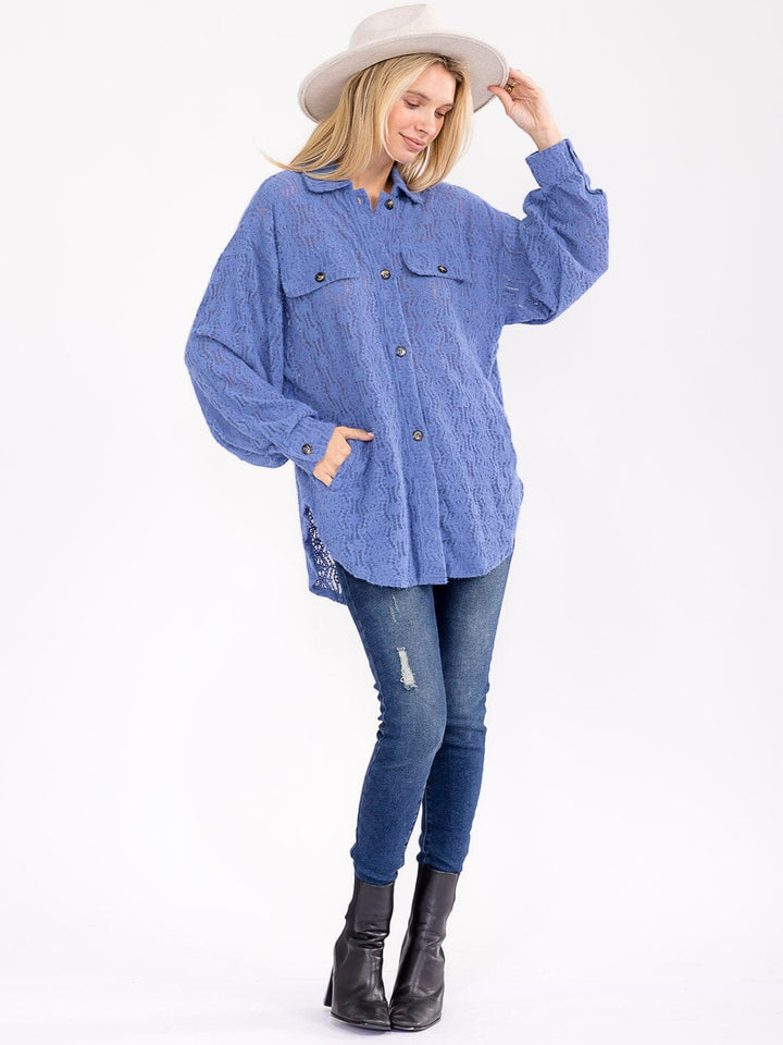 WOMEN'S LONG SLEEVE V-NECK FRONT POCKETS LACE TOP