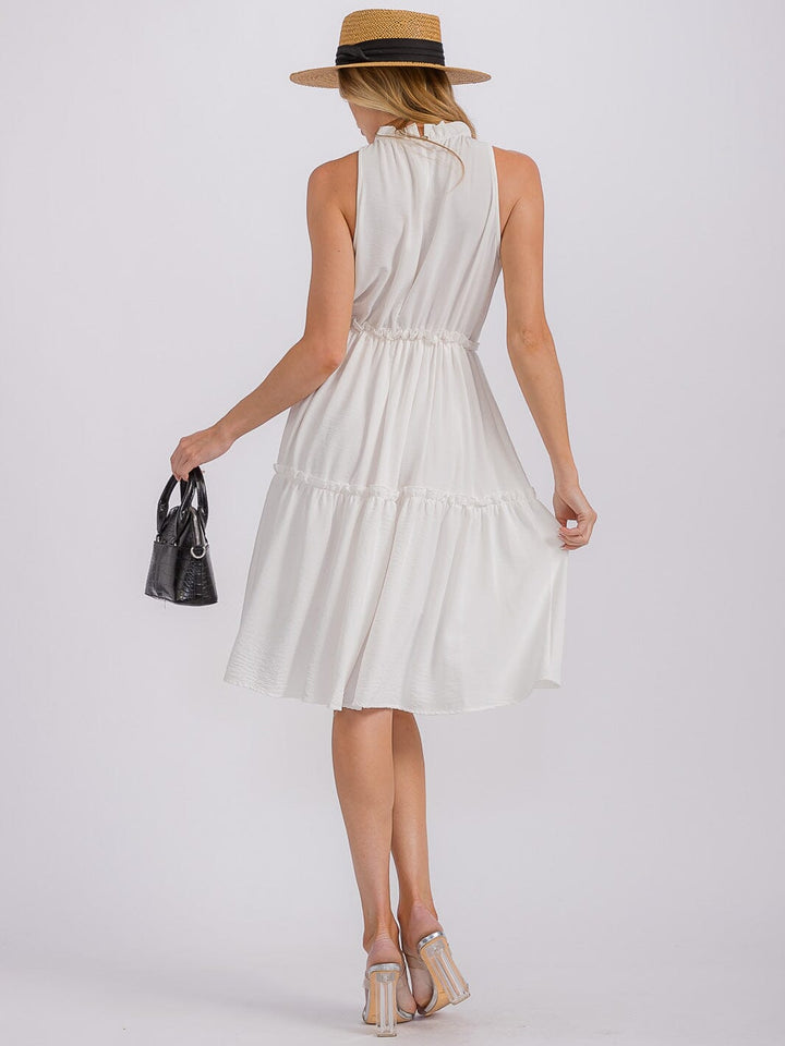 WOMEN'S SLEEVELESS MOCK NECK ELASTIC WAIST TIERED MIDI DRESS