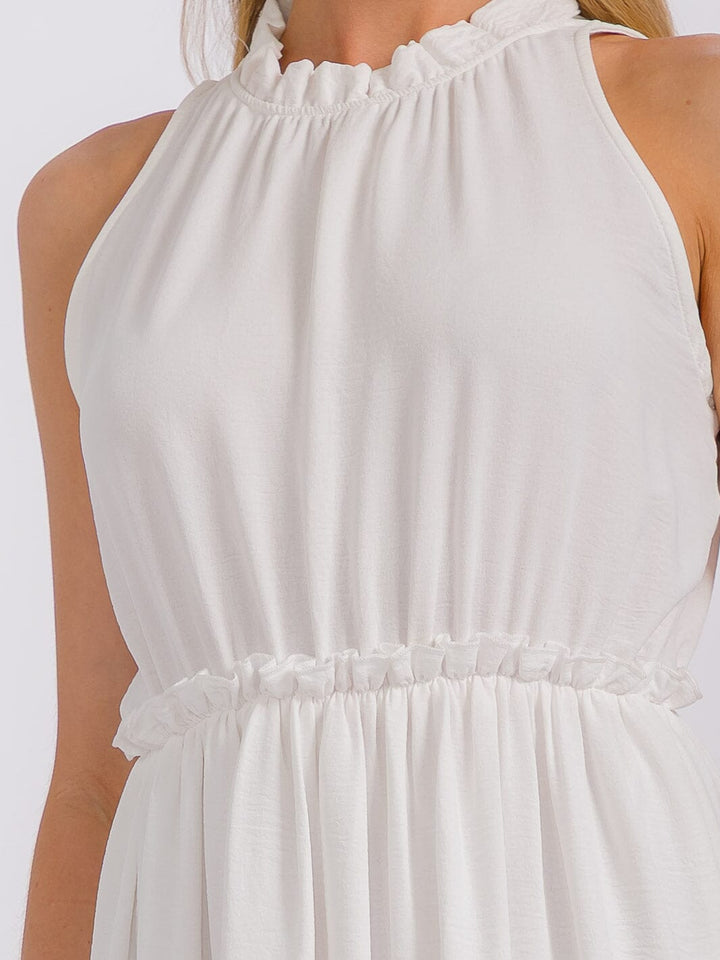 WOMEN'S SLEEVELESS MOCK NECK ELASTIC WAIST TIERED MIDI DRESS