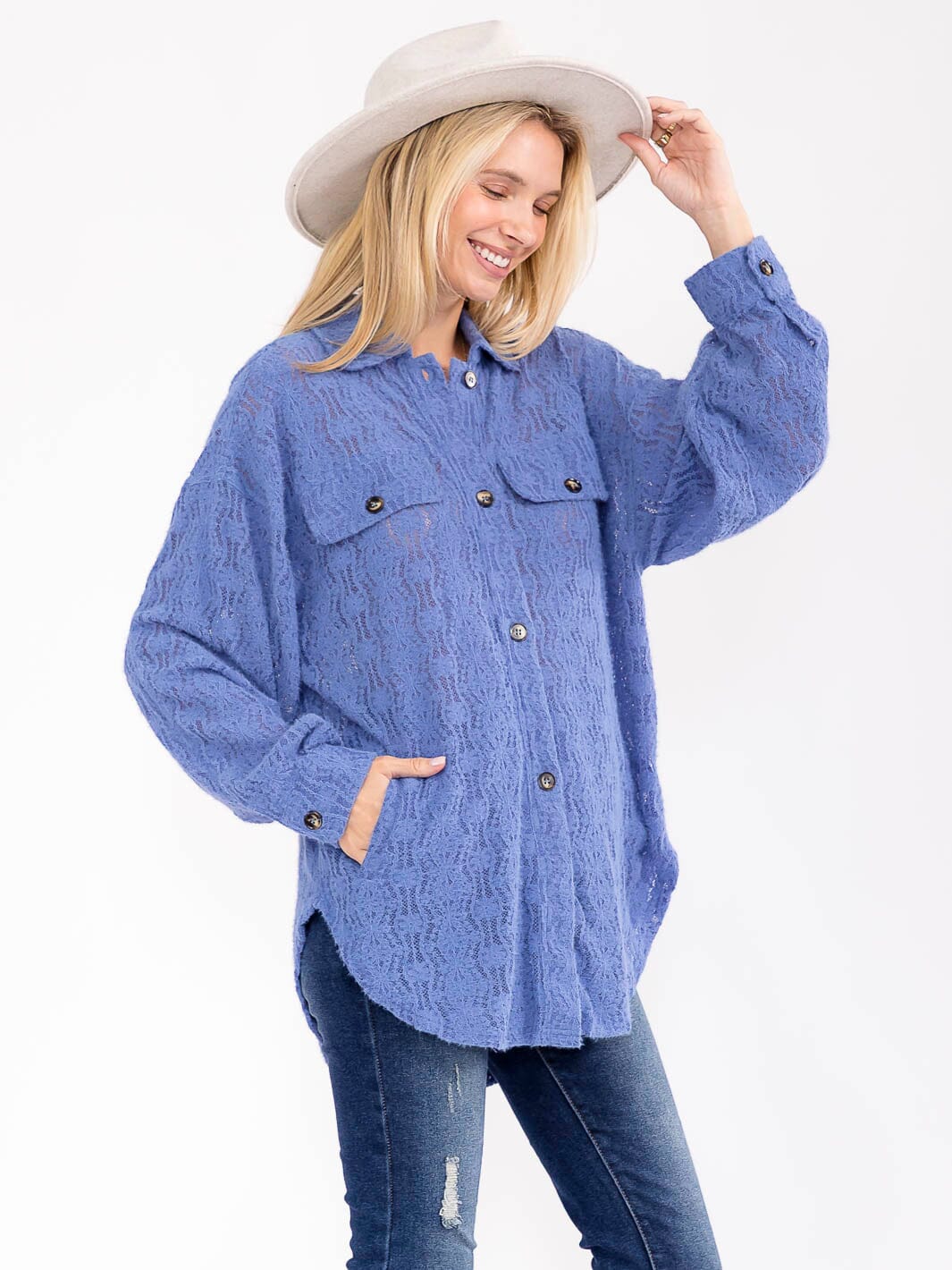 WOMEN'S LONG SLEEVE V-NECK FRONT POCKETS LACE TOP