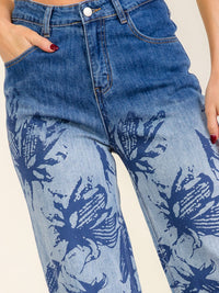 WOMEN'S BUTTON CLOSURE POCKETS WIDE LEG DENIM WASHED PRINT PANTS