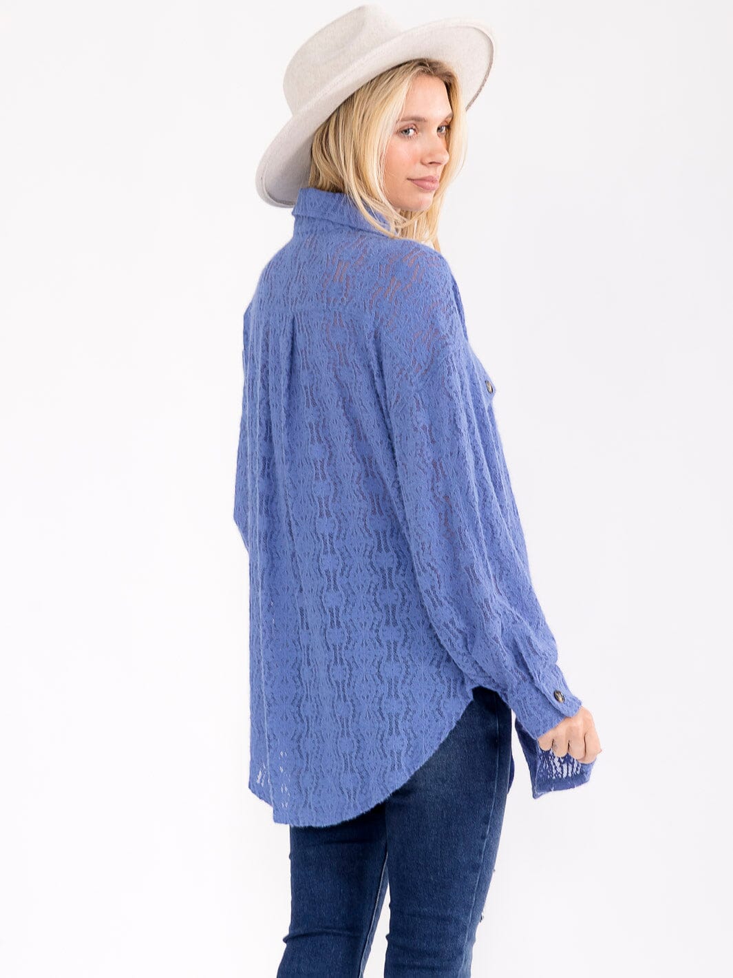 WOMEN'S LONG SLEEVE V-NECK FRONT POCKETS LACE TOP