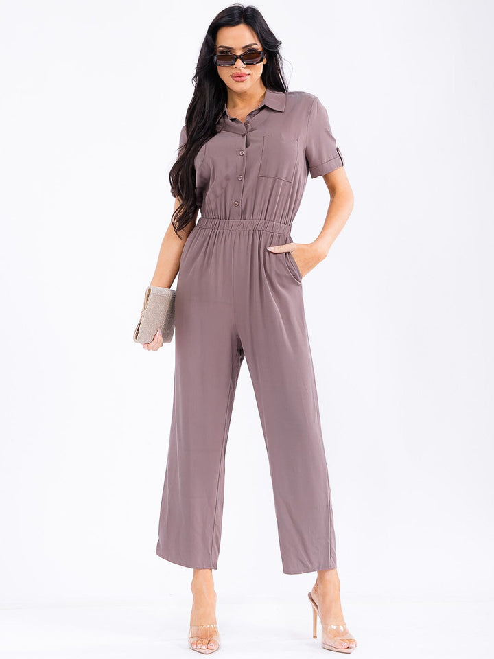WOMEN'S SHORT SLEEVE BUTTON UP POCKETS WIDE LEG JUMPSUIT