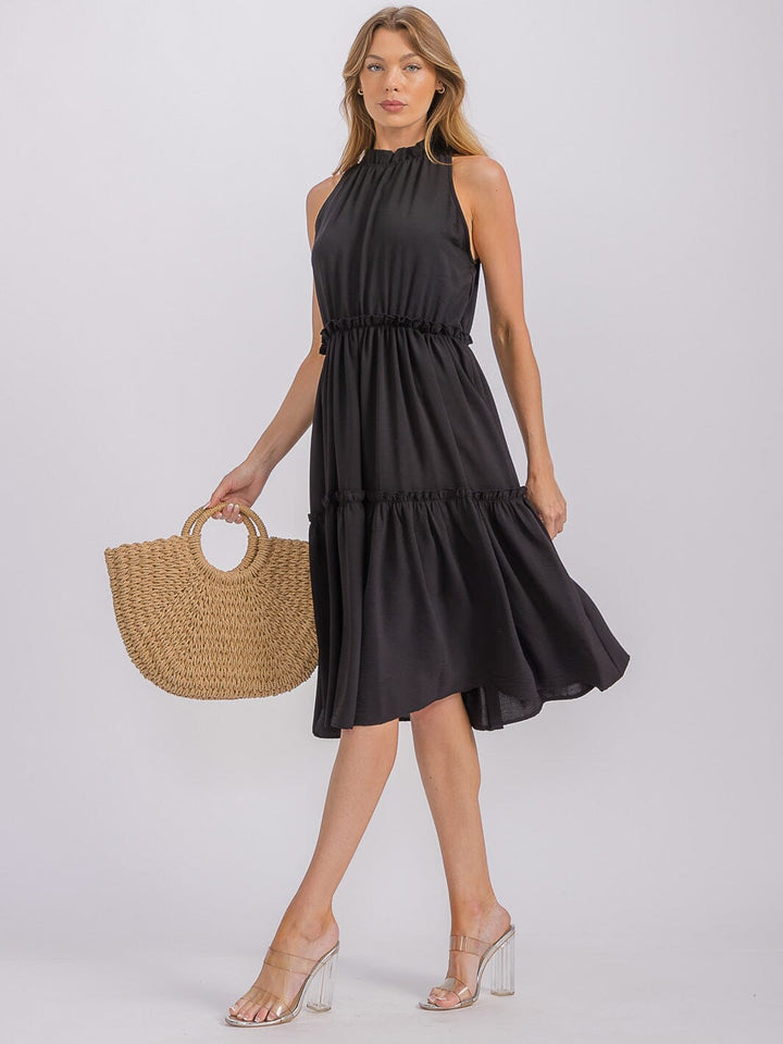 WOMEN'S SLEEVELESS MOCK NECK ELASTIC WAIST TIERED MIDI DRESS