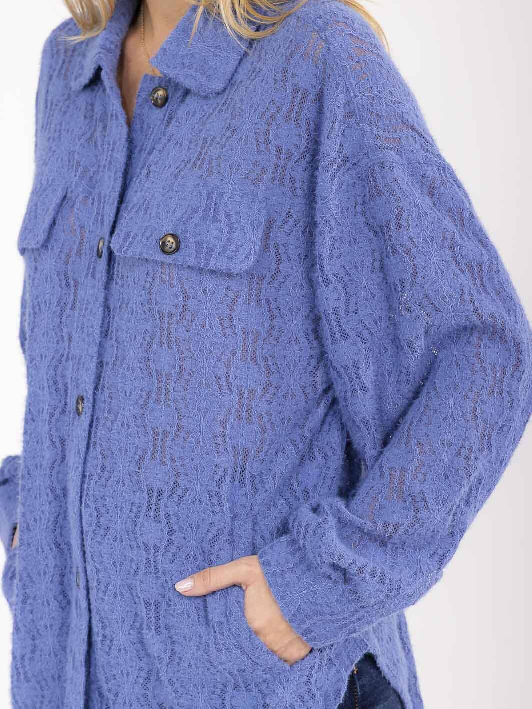 WOMEN'S LONG SLEEVE V-NECK FRONT POCKETS LACE TOP