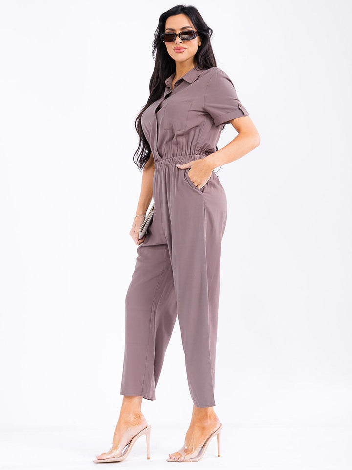 WOMEN'S SHORT SLEEVE BUTTON UP POCKETS WIDE LEG JUMPSUIT