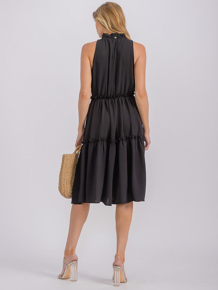 WOMEN'S SLEEVELESS MOCK NECK ELASTIC WAIST TIERED MIDI DRESS