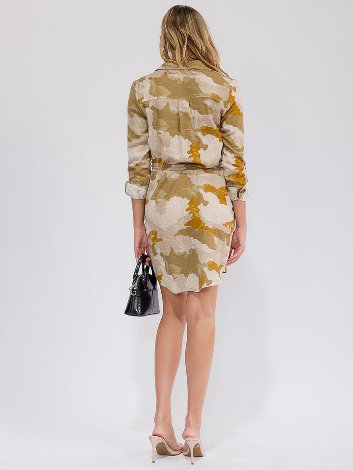 WOMEN'S LONG SLEEVE BUTTON UP FRONT POCKETS SELF TIE CAMO PRINT MINI DRESS