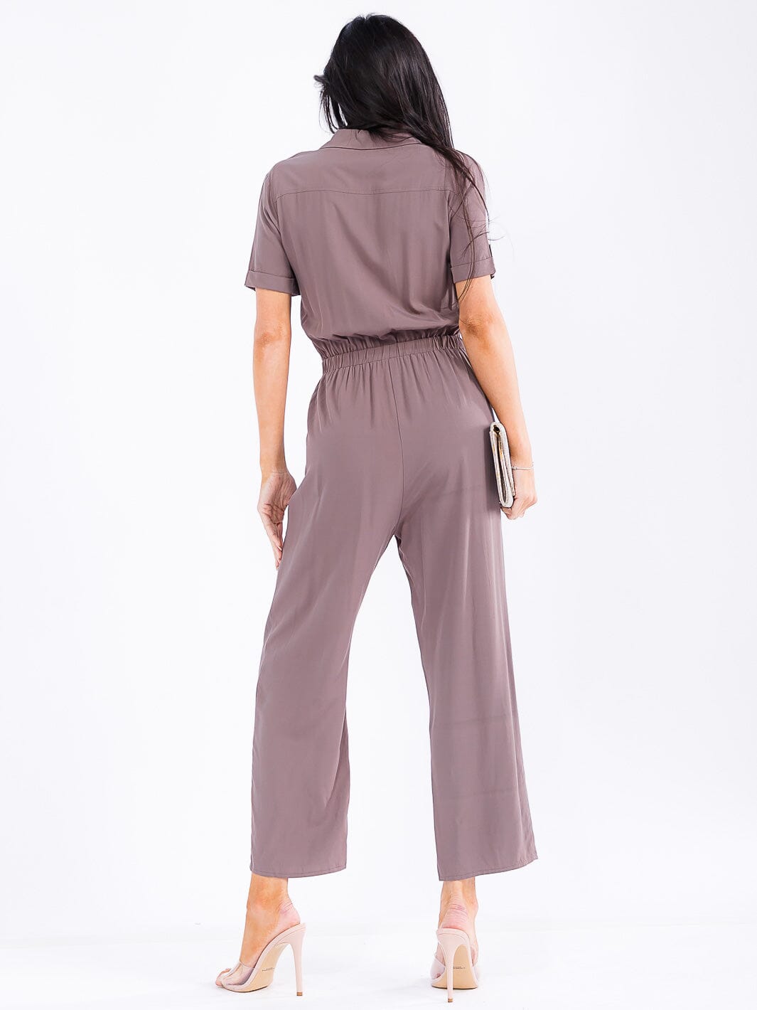 WOMEN'S SHORT SLEEVE BUTTON UP POCKETS WIDE LEG JUMPSUIT